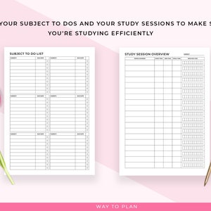 May include: Two-page planner with the text "TRACK YOUR SUBJECT TO DOS AND YOUR STUDY SESSIONS TO MAKE SURE YOU'RE STUDYING EFFICIENTLY". The planner includes a subject to-do list and a study session overview. A pink tulip and a gold pen are also in the image.