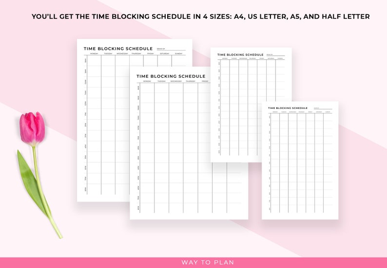 Time block schedule. Log your time by the hour for a whole week. Printable A5, A4, letter planner image 5