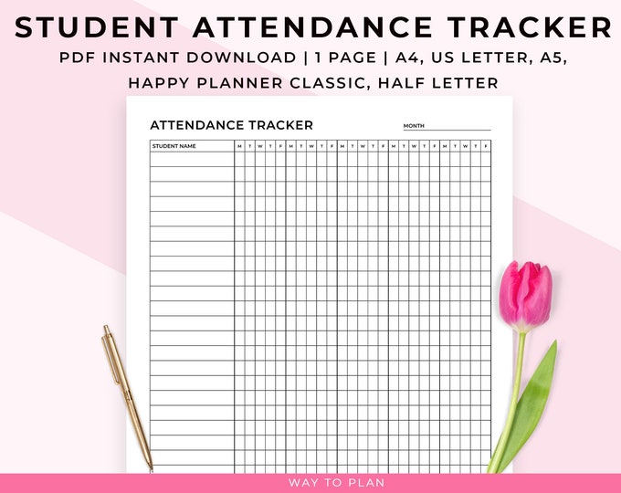 Student Attendance Record Printable Monthly Attendance Log PDF Academic ...