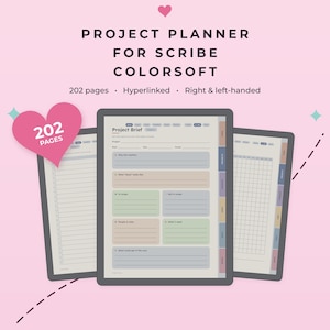 May include: A digital project planner for Scribe Colorsoft featuring 202 pages, hyperlinked navigation, and a layout for right and left-handed users. The display shows a project brief template with colourful rectangular fields on a light pink background.