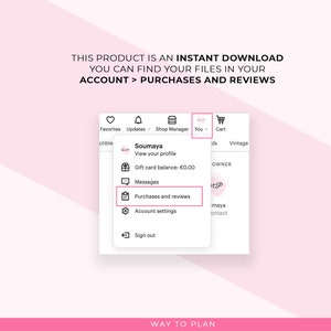May include: A screenshot of a computer screen showing a menu with options for viewing a profile, gift card balance, messages, purchases and reviews, account settings, and signing out. The text "WAY TO PLAN" is at the bottom of the screen.