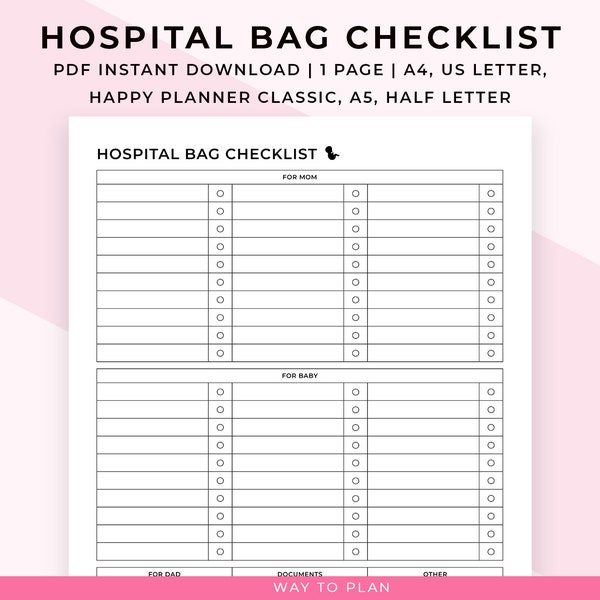 Hospital bag checklist for labor and delivery. Printable hospital organizer for mom, baby, dad. Hospital bag packing list. Birth essentials