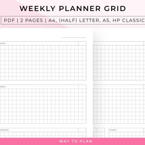 Horizontal Weekly Planner with grid for noting down tasks, appointments, and goals across the week