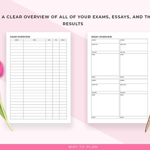 May include: Two white paper sheets with black grid lines for exam and essay overviews. The text at the top says "HAVE A CLEAR OVERVIEW OF ALL OF YOUR EXAMS, ESSAYS, AND THEIR RESULTS." A pink tulip and a gold pen are also in the image.