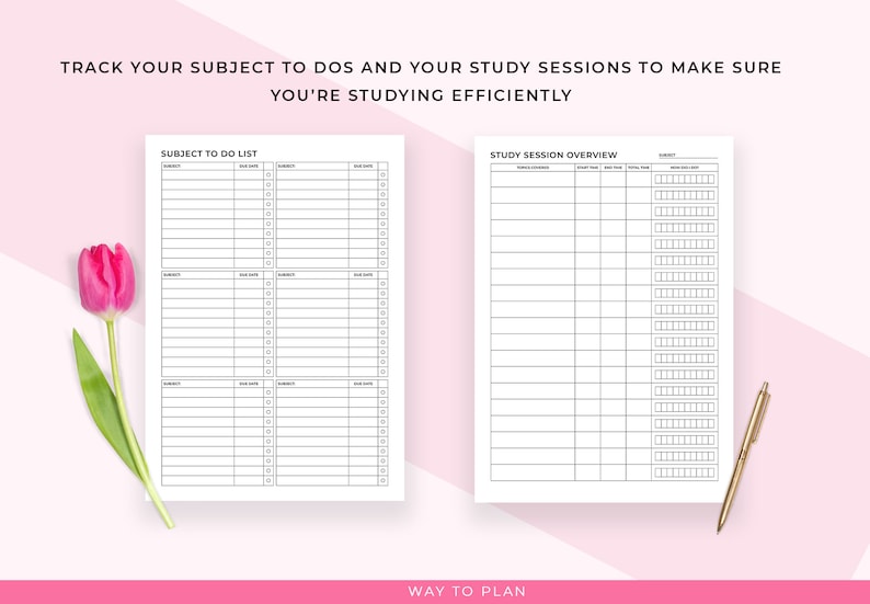 May include: A printable planner page with a black and white design. The page is divided into two sections: "Subject to Do List" and "Study Session Overview". The page is designed to help students track their assignments and study sessions.