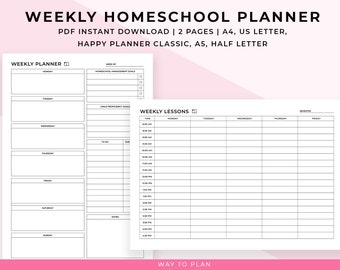 Homeschool weekly planner printable. Homeschool weekly schedule template. Weekly homeschool checklist. Happy Planner insert A5 A4 Letter PDF