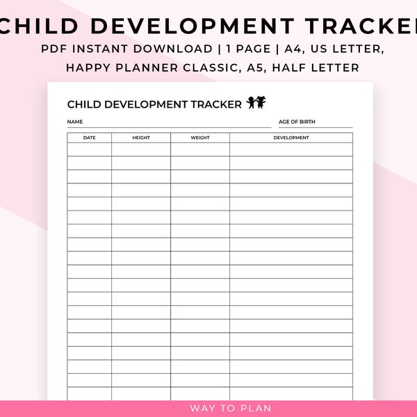 Child development tracker printable. Kid growth progress tracking chart. Baby weight and height record log sheet. Happy Planner insert. PDF