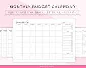 Monthly budget calendar printable. Personal finance calendar. Bill payment calendar. Financial calendar. Budget organizer planner PDF insert