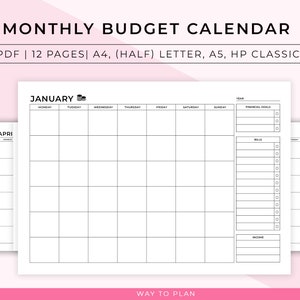 Monthly Budget Calendar Printable. Personal Finance Calendar. Bill Payment Calendar. Financial ...
