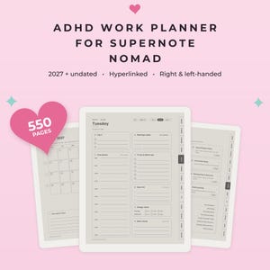 Supernote Nomad ADHD Arbeitsplaner 2027 + undatiert, verlinkte Supernote-Vorlagen, Besprechungsnotizen und Projekte, für Links- und Rechtshänder