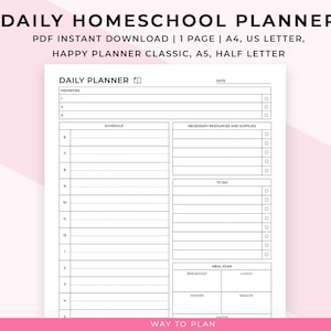 Homeschool Daily Schedule printable. Homeschool daily planner. Daily homeschool checklist. Daily log. Happy Planner insert A5 A4 Letter PDF image 1