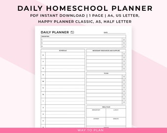 Homeschool Daily Schedule printable. Homeschool daily planner. Daily homeschool checklist. Daily log. Happy Planner insert A5 A4 Letter PDF