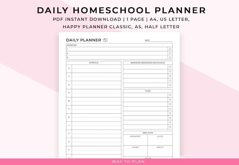 Homeschool Daily Schedule printable. Homeschool daily planner. Daily homeschool checklist. Daily log. Happy Planner insert A5 A4 Letter PDF image 1