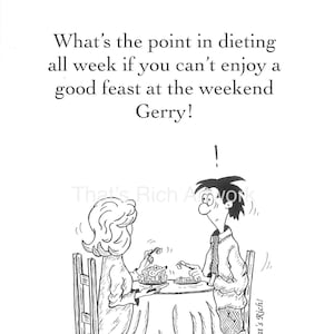 Spersonalizowana komiksowa grafika, zabawny prezent dla osób będących na diecie! Komiks „Cały tydzień na diecie”.