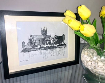 Worcester Cathedral - London Pen & Ink drawing. Available in various sizes. Print of an original by store owner.