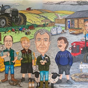 Caricatura de la Granja Clarkson. Impresión de calidad de un dibujo original para el elenco. Visto en Twitter e Instagram.