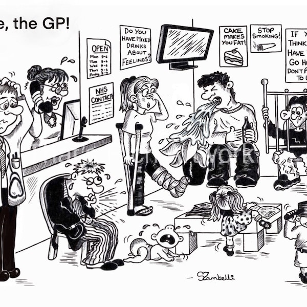 Personalised 'DR' Cartoon artwork. Humorous gift for a G.P. Male or Female options