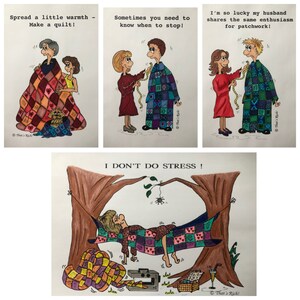 May include: Four illustrations depicting a couple making a quilt. The first image shows the couple making a quilt. The second image shows the couple measuring the quilt. The third image shows the couple admiring the quilt. The fourth image shows the couple relaxing in a hammock made from the quilt. The text in the images reads "Spread a little warmth - Make a quilt!" "Sometimes you need to know when to stop!" "I'm so lucky my husband shares the same enthusiasm for patchwork!" and "I don't do stress!"