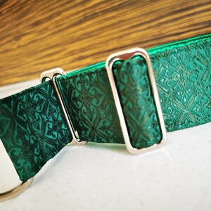 May include: A green dog collar with a silver buckle and a patterned design. The collar is made of a soft, durable material and is perfect for dogs of all sizes.