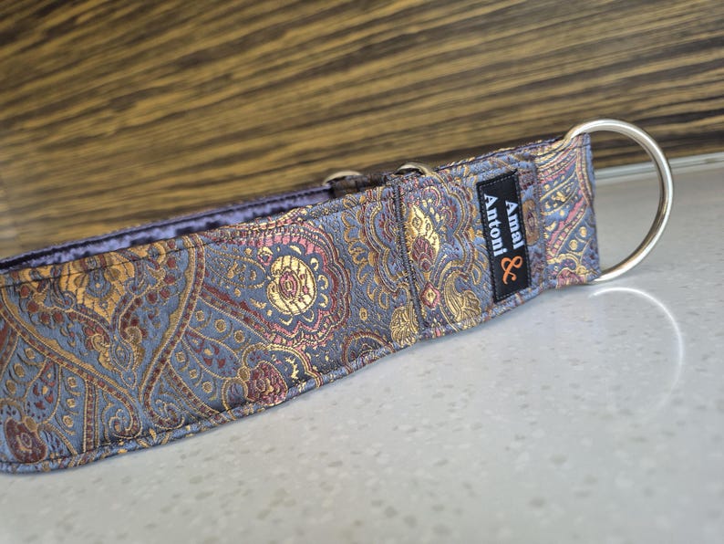 May include: A patterned dog collar with a silver metal ring. The collar features a paisley design in shades of blue, gold, and burgundy. The label reads "Amal & Antoni".