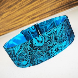 May include: A blue and black paisley patterned dog collar with a silver buckle.