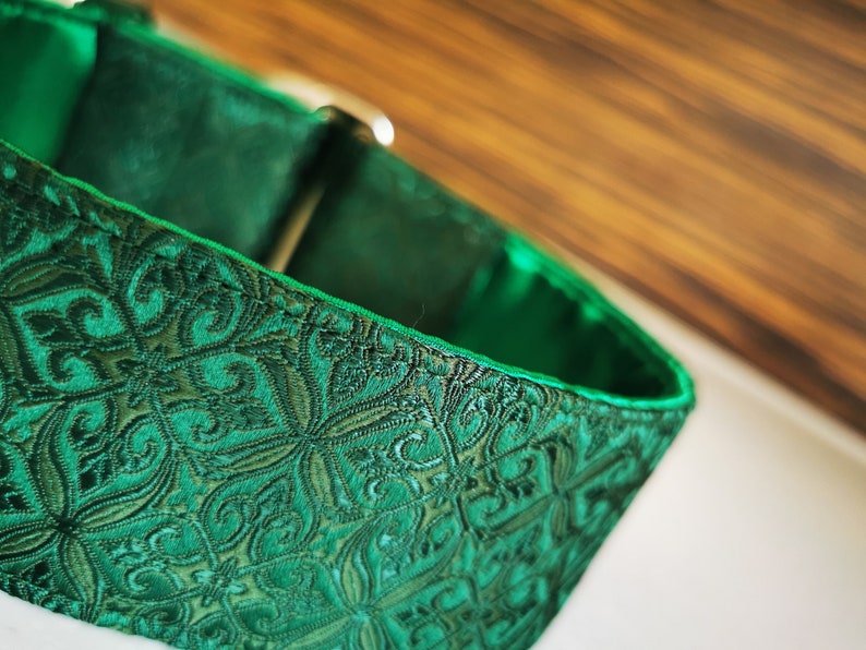 May include: A green dog collar with a patterned design. The collar is made of a soft, durable material and has a secure buckle closure.
