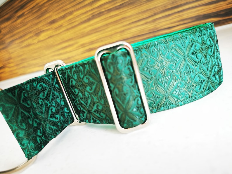 May include: A green patterned dog collar with a silver buckle. The collar is made of a soft, durable material and is designed to be comfortable for dogs of all sizes.