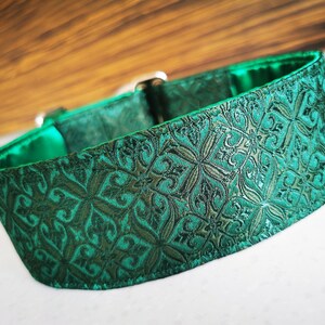 May include: A green patterned dog collar with a satin finish. The collar has a detailed, intricate design.