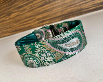 May include: A green, pink, and gold paisley patterned dog collar with a silver buckle.
