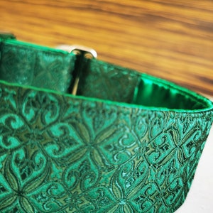 May include: A green dog collar with a patterned design. The collar is made of a soft, durable material and has a secure buckle closure.