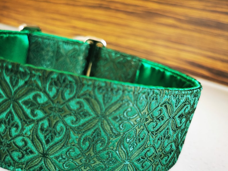 May include: A green dog collar with a patterned design. The collar is made of a soft, durable material and has a secure buckle closure.