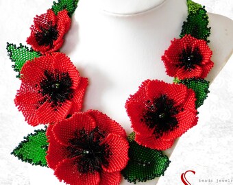 Red Poppy Necklace Summer Flowers Jewelry Fashion Statement Seed bead Trending floral