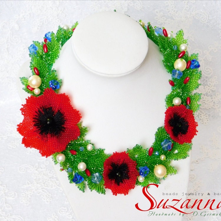 Exklusive Blumen Halskette rote Mohn Perlenarbeit Statement Mode Floral Schmuck Saatperlen Halskette Geschenk