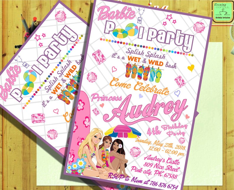 Barbie Invitation Barbie Birthday Barbie Pool Party Barbie Etsy