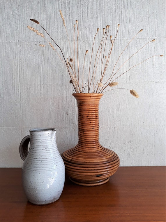 Vase Vintage Pour Bouquet Sec Vase Rotin Fleurs Séchées Osier Bambou Vintage 1960 Mid Century