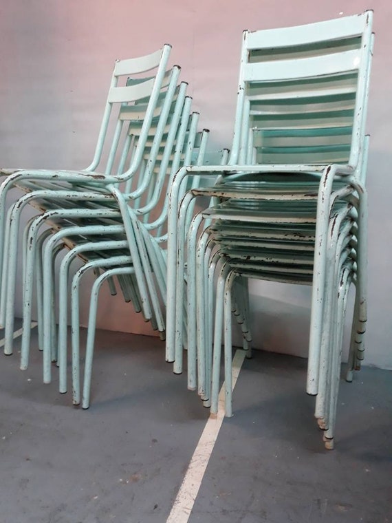Series of 6 Square Metal Chairs Tolix Green Mint Etsy