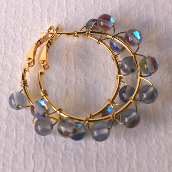 Gold Hoop Mermaid Earrings | Wire-wrapped Gold Hoops | Grey Iridescent Mermaid Beads Earrings | Multi-color Muted Statement Hoop Earrings