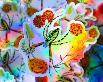 Holographic Spider Sticker: Floral Garden Art, Waterproof Vinyl