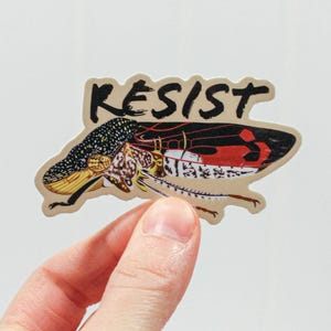 Op de afbeelding: Een sticker met een gedetailleerde illustratie van een insect met rode, zwarte, gele en witte accenten. Het woord "RESIST" staat in vette zwarte letters boven het insect gedrukt. De sticker wordt door een hand tegen een witte achtergrond gehouden.