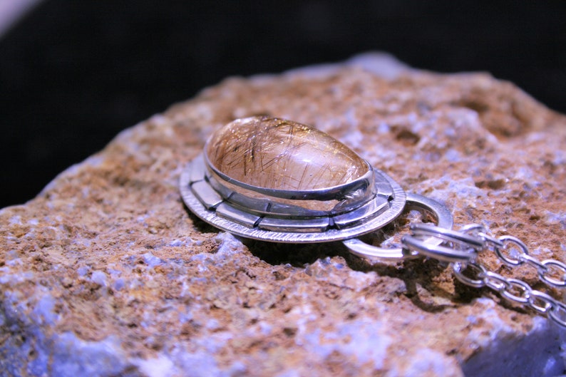 Golden Rutilated Quartz irregular egg oval 925 sterling silver pendant P0127
