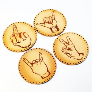 Hand signals leather patch, Rock leather patch, Peace leather patch, F-You leather patch, Hang loose leather patch.