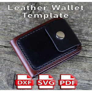 May include: A leather wallet template with a black flap and a silver snap closure. The wallet has a brown border and the text "Leather Wallet Template" is at the top. Below are icons for DXF, SVG, and PDF files.
