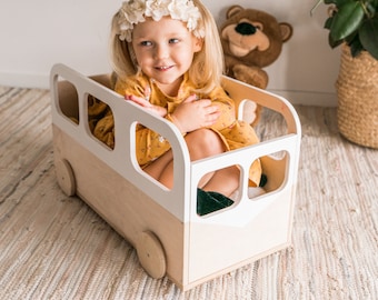 Wooden Toy Box Storage with Wheels, Wood Book Bin, Toys Organizer, Baby Room Furniture, Nursery Organisation, Gift for Kids
