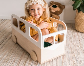 Wooden Toy Box Storage on Wheels, Wood Book Bin, Toys Organizer, Baby Room Furniture, Nursery Organisation, Christmas Gift for Kids
