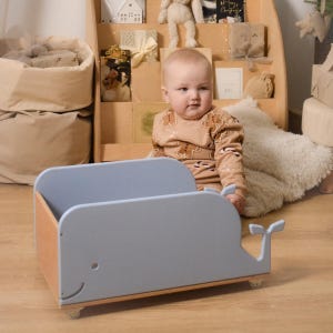 Caja de juguetes de madera con forma de ballena, unidad de almacenamiento con ruedas, organizador de juguetes, regalo para niños, guardería con temática de animales, regalo de Navidad para niños