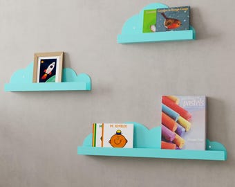 Nursery Bookshelf from Metal, Stainless Steel Kids Book Shelves,Turquoise Wall Mounted Shelf Ledge, Floating Shelf Cloud Form, Nursery Decor