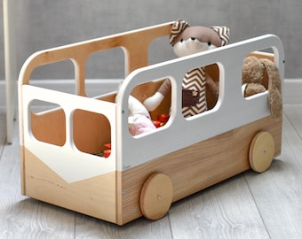 Toy Storage Organizer on Wheels, Kids Wooden Toys Box Bus, Toddler Wood Chest, Personalized White Childrens Book Bin