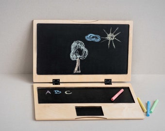Kids Chalkboard, Travel Easel, Wood Blackboard Children's Wood Computer, Personalized Wooden Toy, Drawing Board for Sketches