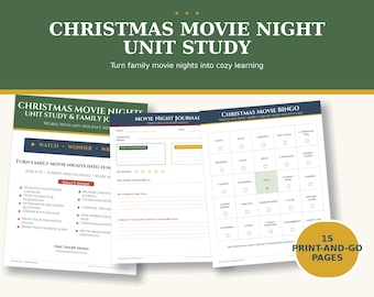 Christmas Movie Unit Study Printable, Holiday Family Movie Night Journal, Homeschool Christmas Activities, Winter Preschool Kindergarten