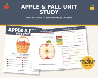 Apple Unit Study Printable, Fall Homeschool Preschool Kindergarten Activities, Apple Life Cycle, Parts of an Apple, Science & Math